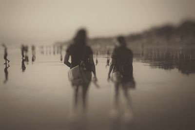 Silhouette people walking on shore against sky