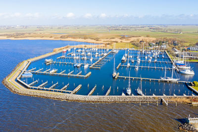 Aerial from the harbor from hindeloopen at the ijsselmeer in the netherlands