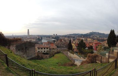 High angle shot of townscape against sky