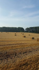 Hay bales on field against sky