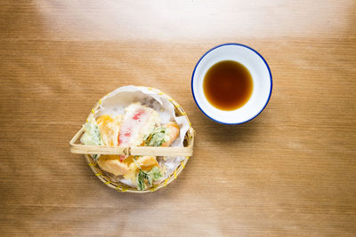 High angle view of breakfast on table