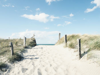 Wooden posts on beach against sky