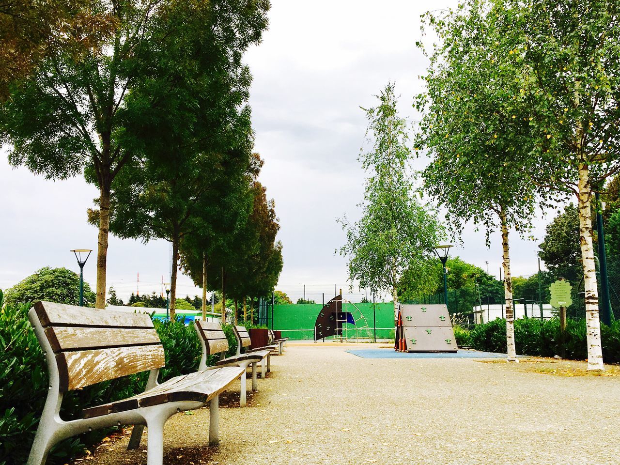 tree, empty, bench, absence, relaxation, green, solitude, sky, cloud, branch, day, tranquility, tranquil scene, pathway, park - man made space, park, green color, tree trunk, long, outdoors, growth, narrow, park bench, the way forward, promenade, formal garden