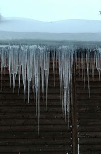 Wooden posts on snow covered land