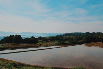 Scenic view of landscape and lake against sky