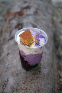 High angle view of drink in glass on table