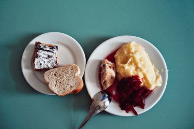 Directly above shot of breakfast served on table