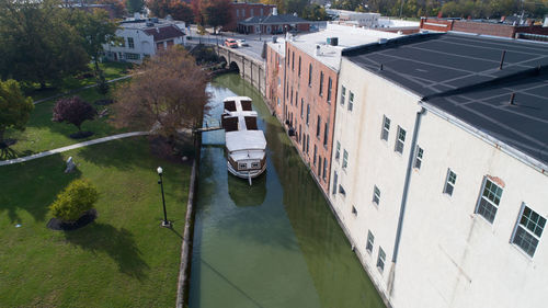 High angle view of boats moored in lake