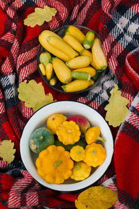 High angle view of multi colored fruits on table