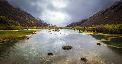 Scenic view of lake and mountains against sky