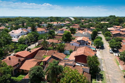 High angle view of houses in town