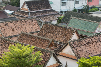 High angle view of house roofs in residential structure