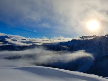 Scenic view of snowcapped mountains against sky during winter