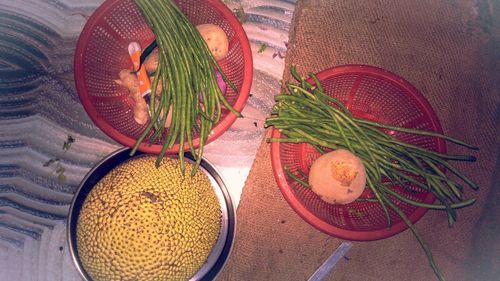 High angle view of fruits in bowl on table