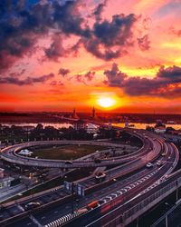 High angle view of cityscape against sky during sunset