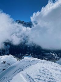 Scenic view of snow covered mountains against sky