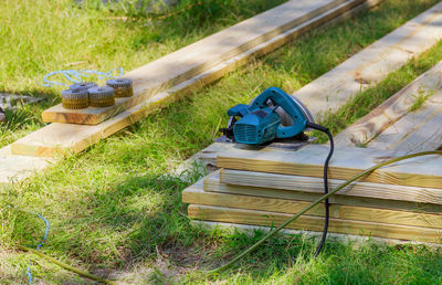 High angle view of wood on field