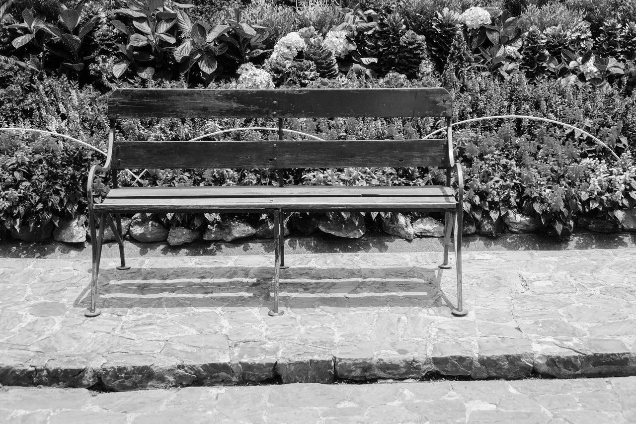 HIGH ANGLE VIEW OF EMPTY BENCH AT PARK