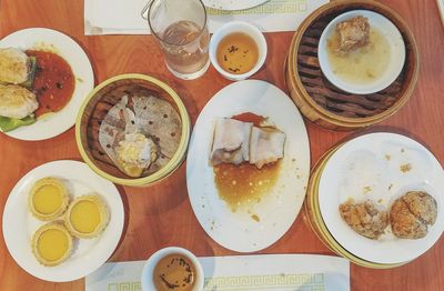 High angle view of breakfast served on table