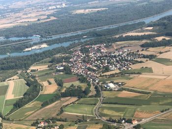 High angle view of trees on field by buildings