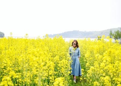 Full length of woman walking amidst yellow flowers on oilseed rape field
