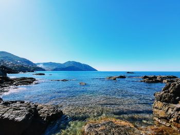 Scenic view of sea against clear blue sky