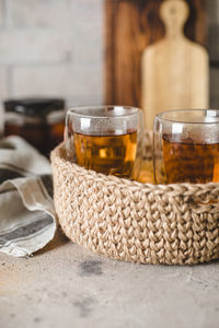 Close-up of beer glass on table