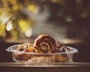 Close-up of ice cream in basket on table