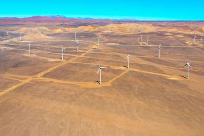 Aerial view of a wind farm in the atacama desert outside the city of calama, chile