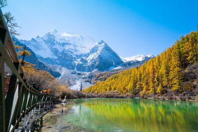 Scenic view of lake by snowcapped mountains against sky