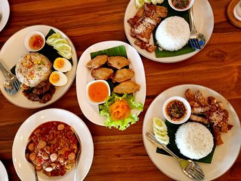 High angle view of breakfast served on table