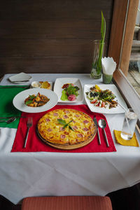 High angle view of breakfast served on table