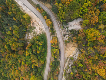 Aerial view of a winding road from a high mountain pass through a dense colorful autumn forest.