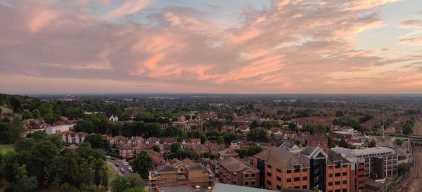 High angle view of townscape against sky at sunset