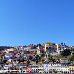Buildings in city against clear blue sky