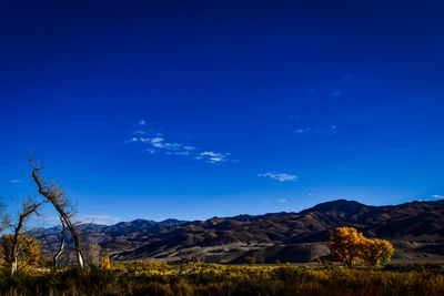 Mountain valley landscape with autumn trees and winter trees and blue sky