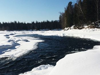 Scenic view of frozen lake against clear sky