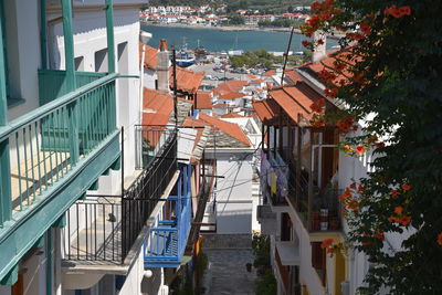 High angle view of houses in town