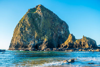 A view of the haystack rock monolith at cannon beach, oregon.