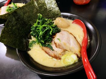 High angle view of food in bowl on table