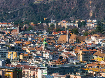 High angle view of buildings in town