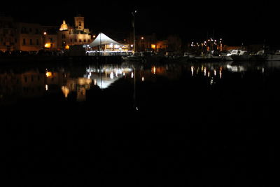 Reflection of illuminated buildings in lake at night