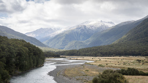 Beautiful landscape of valley with dense forest, river flowing through and big snowy mountains