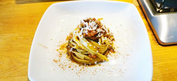 High angle view of food in plate