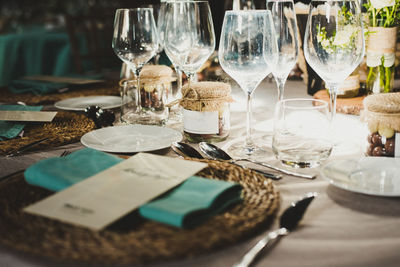 Wine glasses on table in restaurant