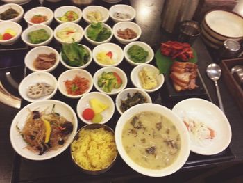 Close-up of food served on table