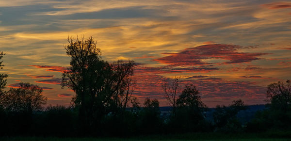Silhouette trees on landscape against romantic sky at sunset