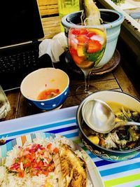 High angle view of food served on table