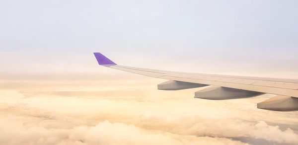 Airplane flying over cloudscape against sky
