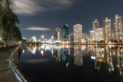 Reflection of illuminated buildings in city at night